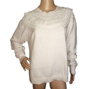 BODEN Ivory Textured Fringe Tassel Knit Crewneck Pullover Sweater Large     T48